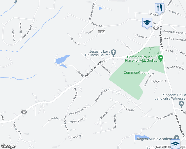 map of restaurants, bars, coffee shops, grocery stores, and more near 2216 Dallas Stanley Hwy in Stanley