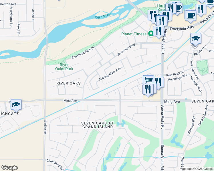 map of restaurants, bars, coffee shops, grocery stores, and more near 12017 Sandy River Court in Bakersfield