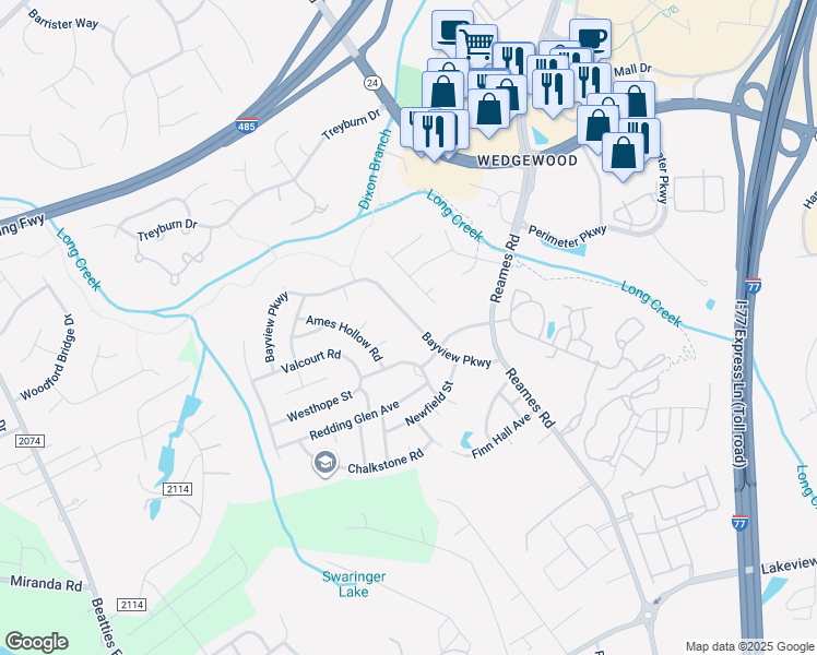 map of restaurants, bars, coffee shops, grocery stores, and more near 9411 Bayview Parkway in Charlotte