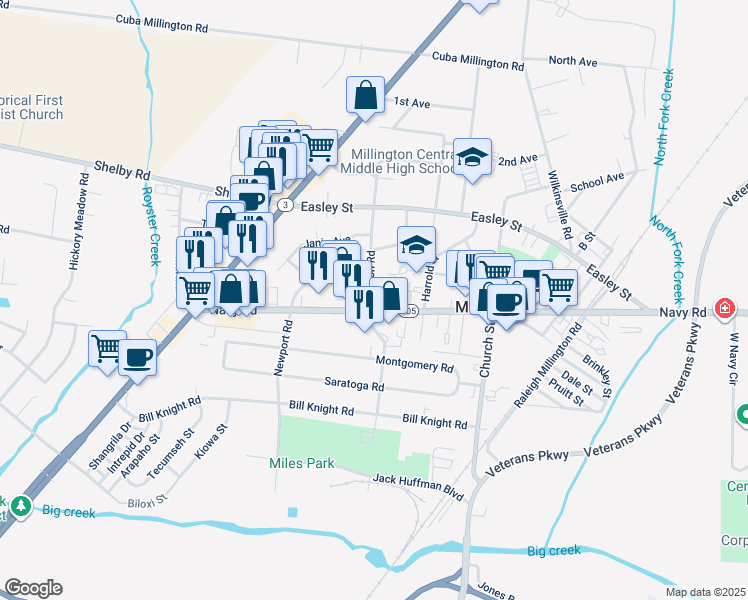 map of restaurants, bars, coffee shops, grocery stores, and more near 4036 Nelson Road in Millington