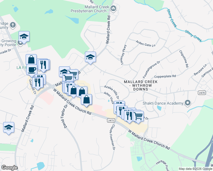map of restaurants, bars, coffee shops, grocery stores, and more near 19014 Claude Freeman Drive in Charlotte