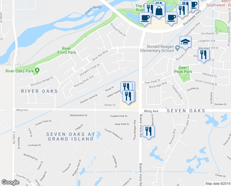 map of restaurants, bars, coffee shops, grocery stores, and more near 11601 Indian Hawthorne Street in Bakersfield