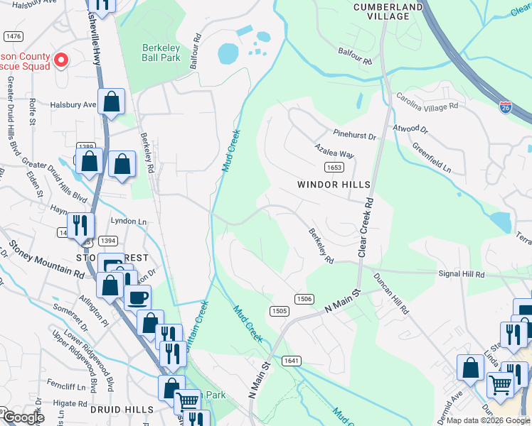map of restaurants, bars, coffee shops, grocery stores, and more near 275 Berkeley Road in Hendersonville