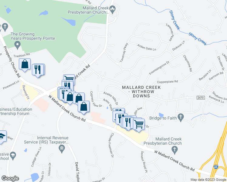 map of restaurants, bars, coffee shops, grocery stores, and more near 10716 Norway Spruce Court in Charlotte