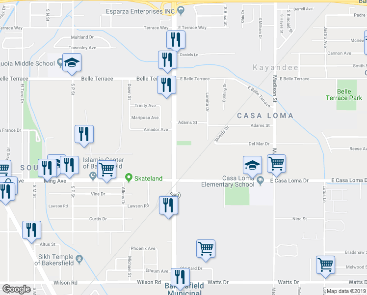 map of restaurants, bars, coffee shops, grocery stores, and more near 1220 South Union Avenue in Bakersfield
