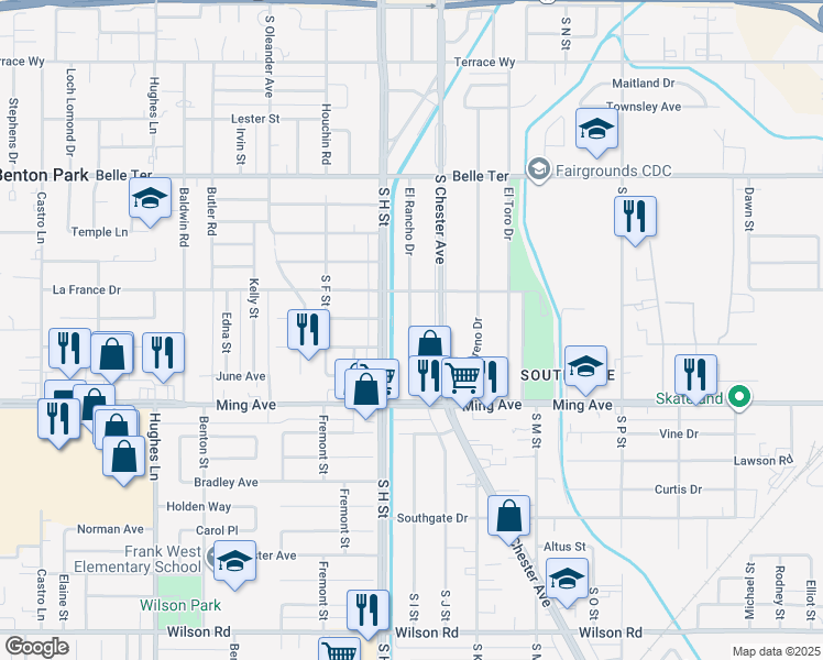 map of restaurants, bars, coffee shops, grocery stores, and more near 1417 El Rancho Drive in Bakersfield