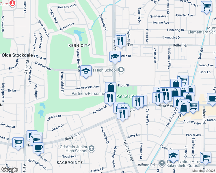 map of restaurants, bars, coffee shops, grocery stores, and more near 1508 Yorba Linda Street in Bakersfield