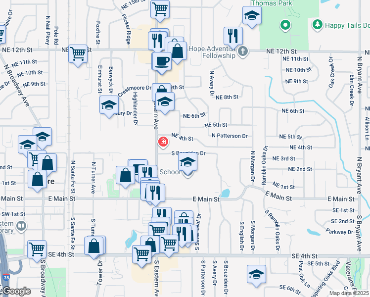 map of restaurants, bars, coffee shops, grocery stores, and more near 404 North Eastern Avenue in Moore