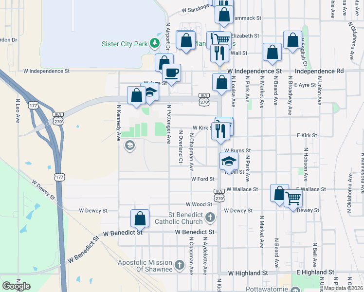 map of restaurants, bars, coffee shops, grocery stores, and more near 1002 North Overland Court in Shawnee