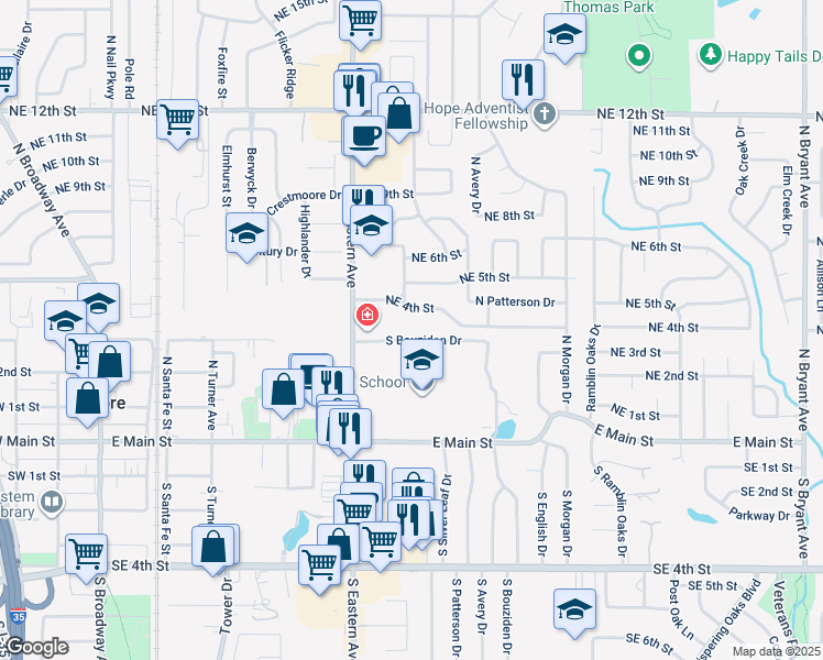 map of restaurants, bars, coffee shops, grocery stores, and more near 404 North Eastern Avenue in Moore
