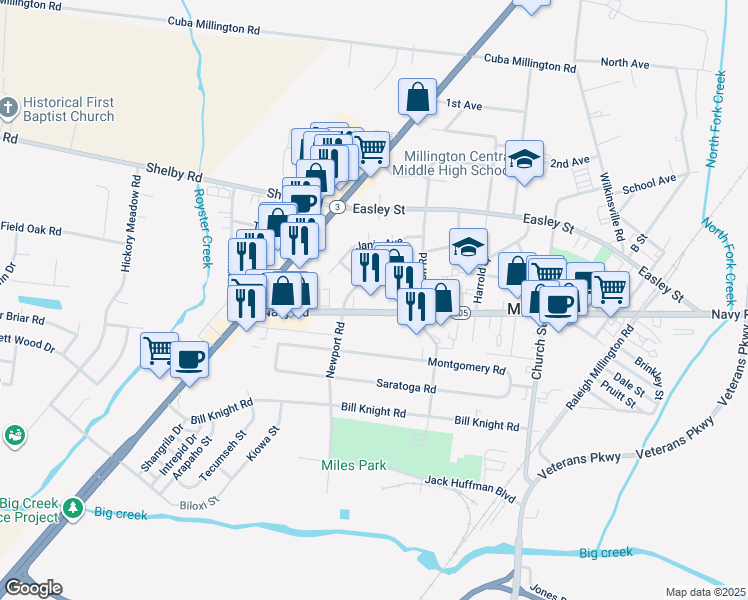 map of restaurants, bars, coffee shops, grocery stores, and more near 4782 Navy Road in Millington