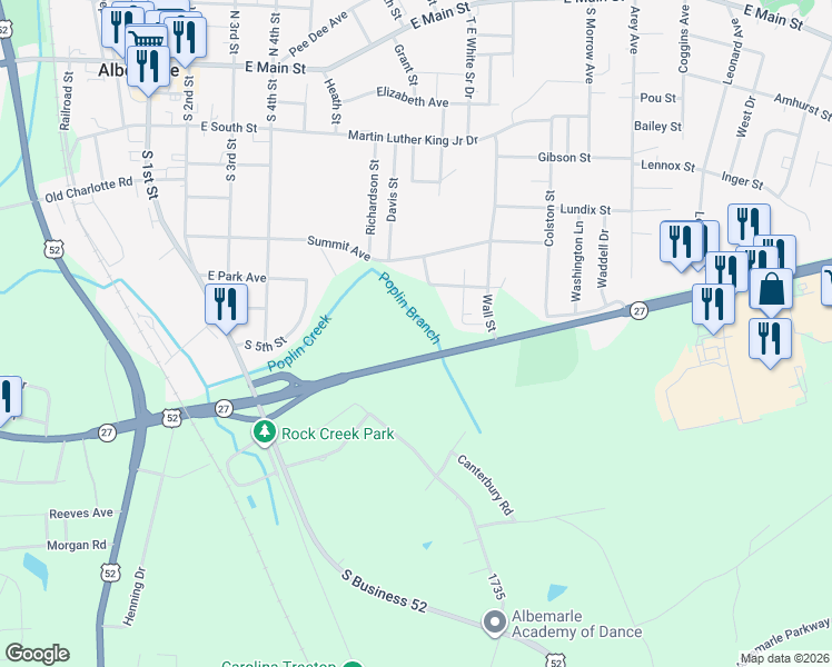 map of restaurants, bars, coffee shops, grocery stores, and more near 804 Spaulding Street in Albemarle
