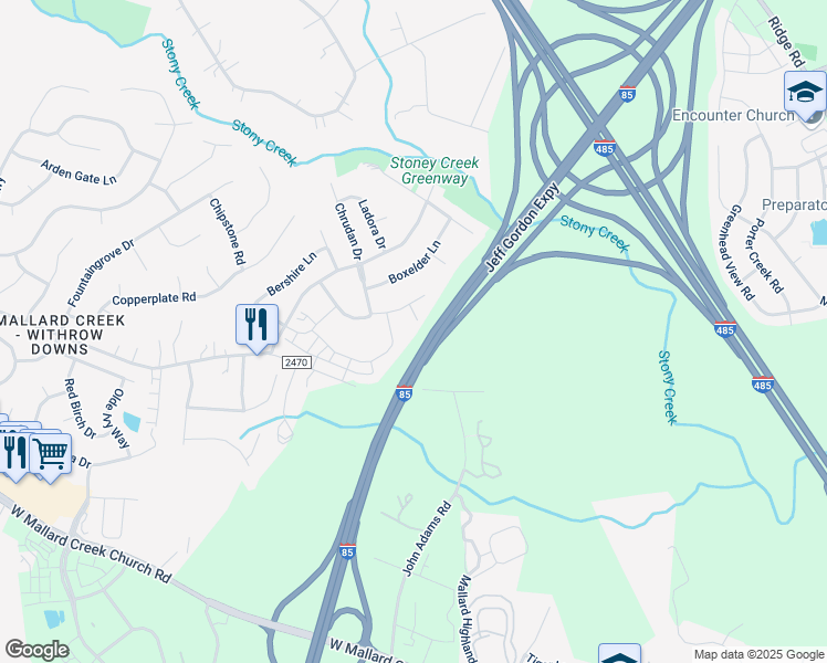 map of restaurants, bars, coffee shops, grocery stores, and more near 11105 Amur Court in Charlotte