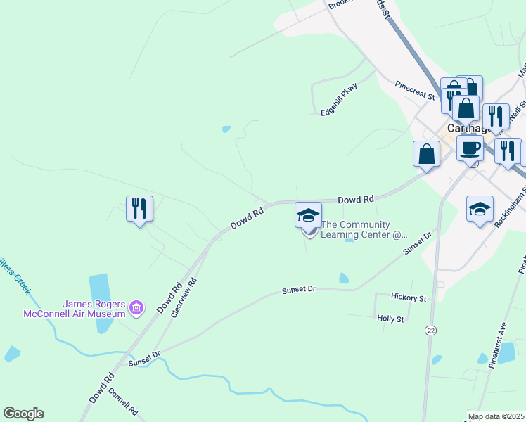 map of restaurants, bars, coffee shops, grocery stores, and more near 511 Dowd Road in Carthage