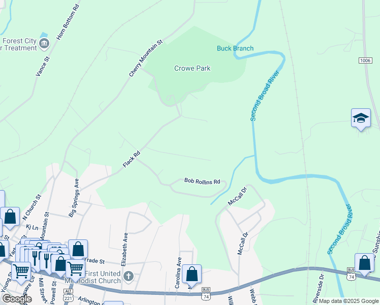 map of restaurants, bars, coffee shops, grocery stores, and more near 217 Riverhills Drive in Forest City