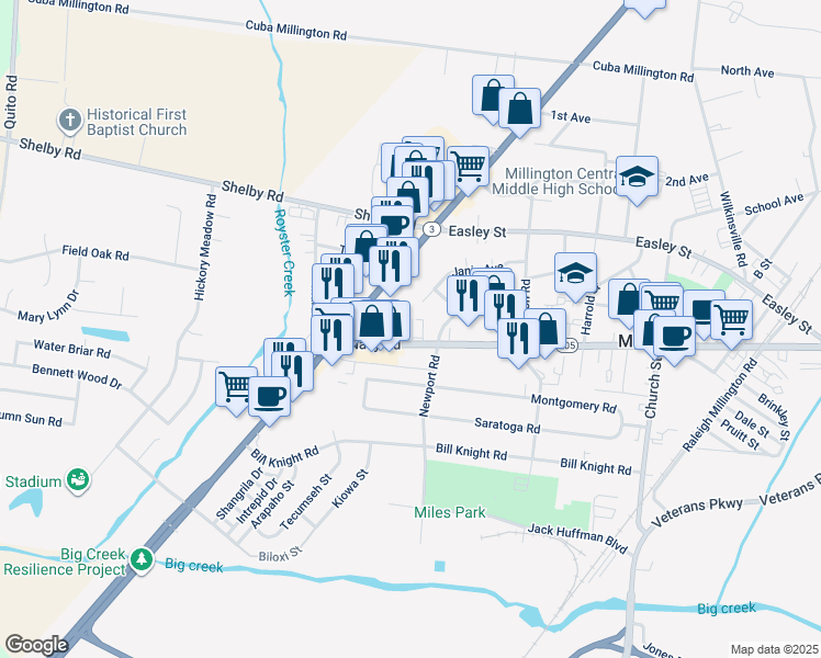 map of restaurants, bars, coffee shops, grocery stores, and more near 4694 Navy Road in Millington