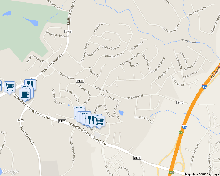 map of restaurants, bars, coffee shops, grocery stores, and more near 2100 Galloway Road in Charlotte
