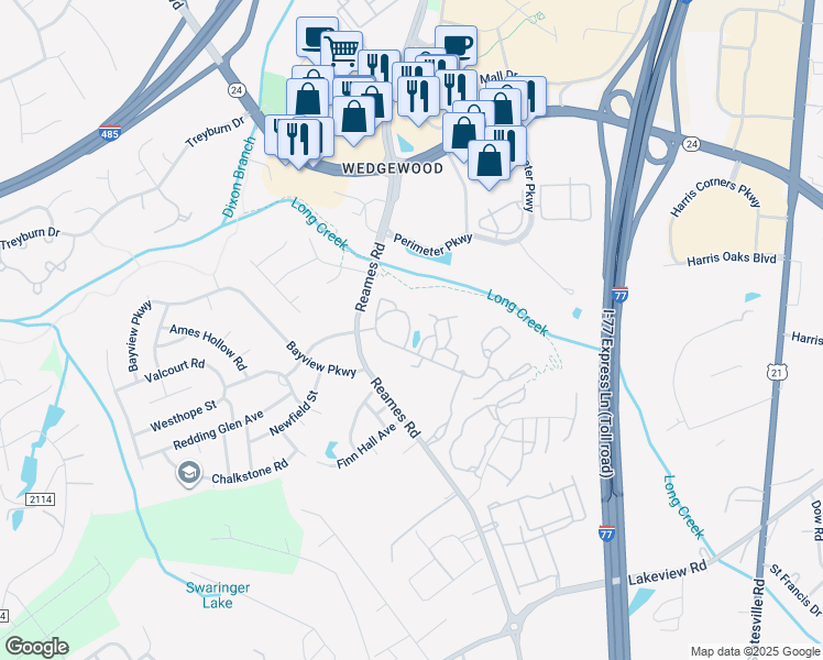 map of restaurants, bars, coffee shops, grocery stores, and more near 9305 Long Creek Fairway Drive in Charlotte