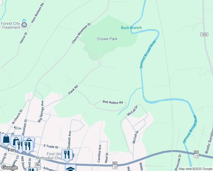 map of restaurants, bars, coffee shops, grocery stores, and more near 217 Riverhills Drive in Forest City