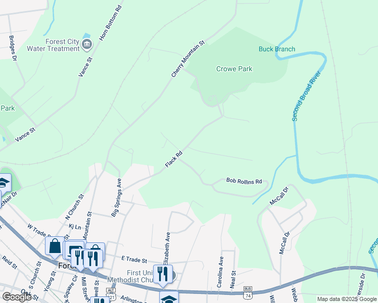 map of restaurants, bars, coffee shops, grocery stores, and more near 306 Flack Road in Forest City