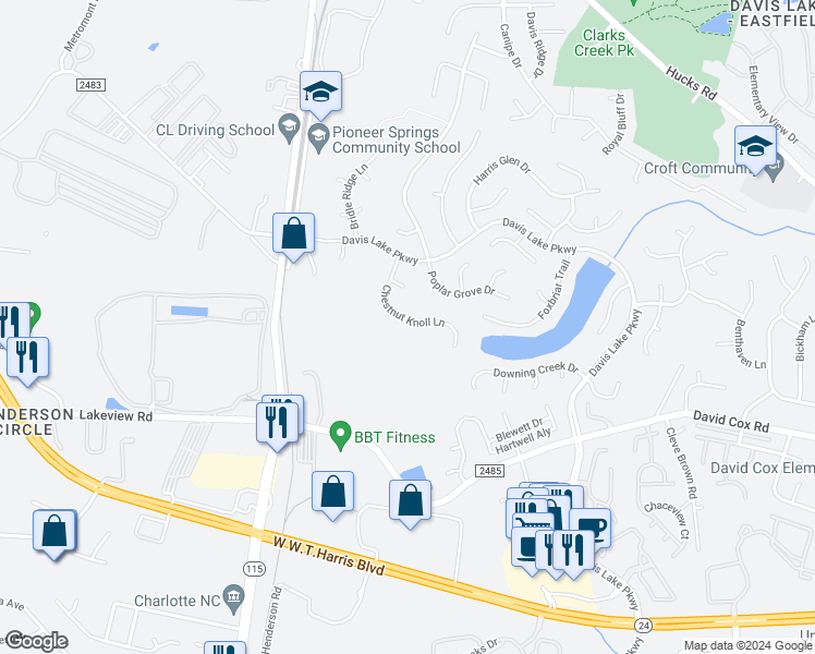 map of restaurants, bars, coffee shops, grocery stores, and more near 5016 Chestnut Knoll Lane in Charlotte