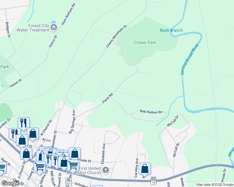 map of restaurants, bars, coffee shops, grocery stores, and more near 306 Flack Road in Forest City