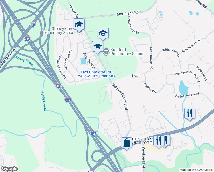 map of restaurants, bars, coffee shops, grocery stores, and more near 2233 Salome Church Road in Charlotte