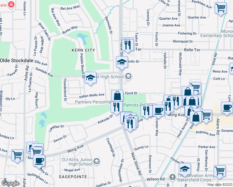 map of restaurants, bars, coffee shops, grocery stores, and more near 1401 New Stine Road in Bakersfield