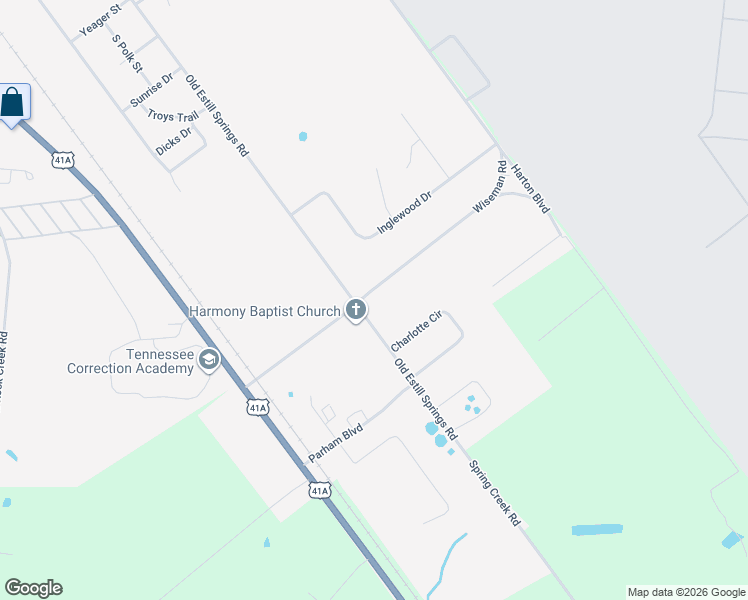 map of restaurants, bars, coffee shops, grocery stores, and more near 1601 Old Estill Springs Road in Tullahoma
