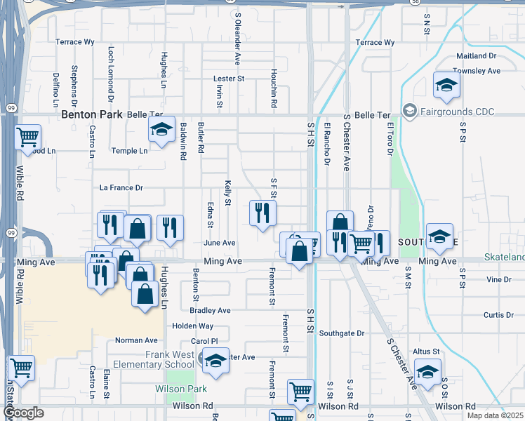 map of restaurants, bars, coffee shops, grocery stores, and more near 1915 Radiance Drive in Bakersfield