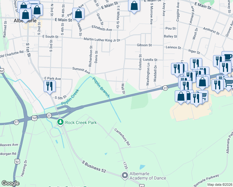 map of restaurants, bars, coffee shops, grocery stores, and more near 804 Spaulding Street in Albemarle