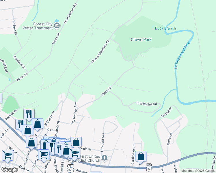 map of restaurants, bars, coffee shops, grocery stores, and more near 287 Flack Road in Forest City