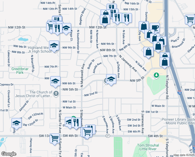 map of restaurants, bars, coffee shops, grocery stores, and more near 919 Northwest 5th Street in Moore
