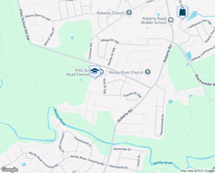 map of restaurants, bars, coffee shops, grocery stores, and more near 5337 Kim Street Southwest in Concord