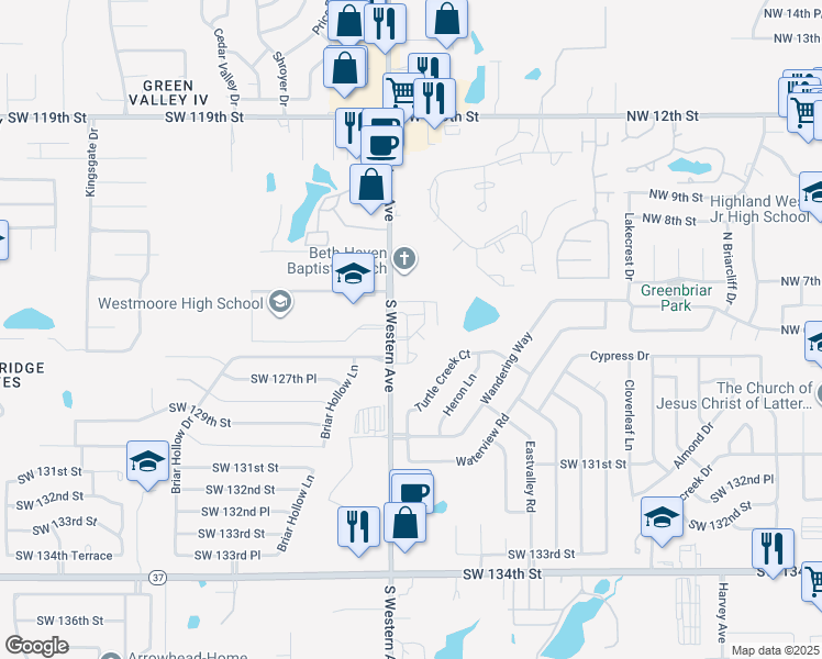 map of restaurants, bars, coffee shops, grocery stores, and more near 12500 South Western Avenue in Oklahoma City