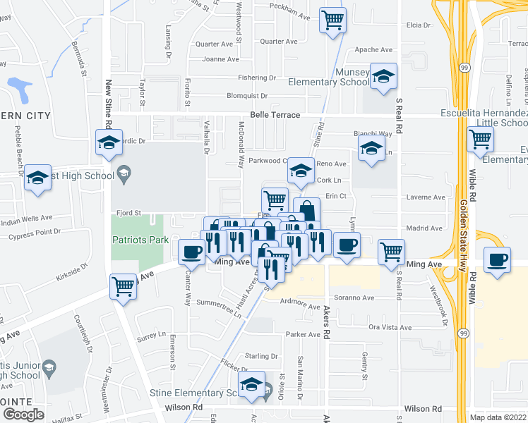 map of restaurants, bars, coffee shops, grocery stores, and more near 4400 Fjord Street in Bakersfield