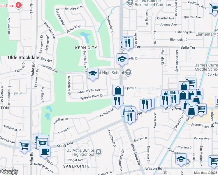 map of restaurants, bars, coffee shops, grocery stores, and more near 1508 Yorba Linda Street in Bakersfield