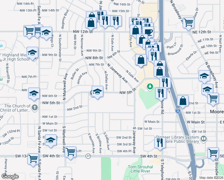 map of restaurants, bars, coffee shops, grocery stores, and more near 800 Northwest 5th Street in Moore