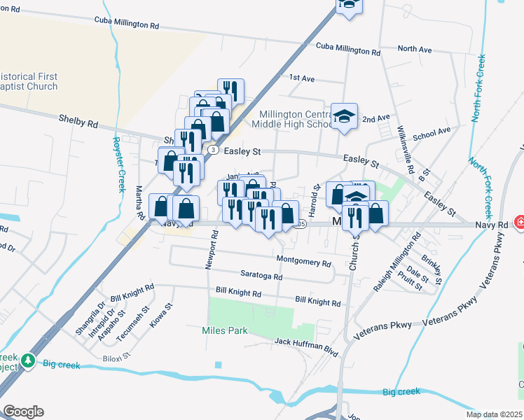 map of restaurants, bars, coffee shops, grocery stores, and more near 4036 Nelson Road in Millington