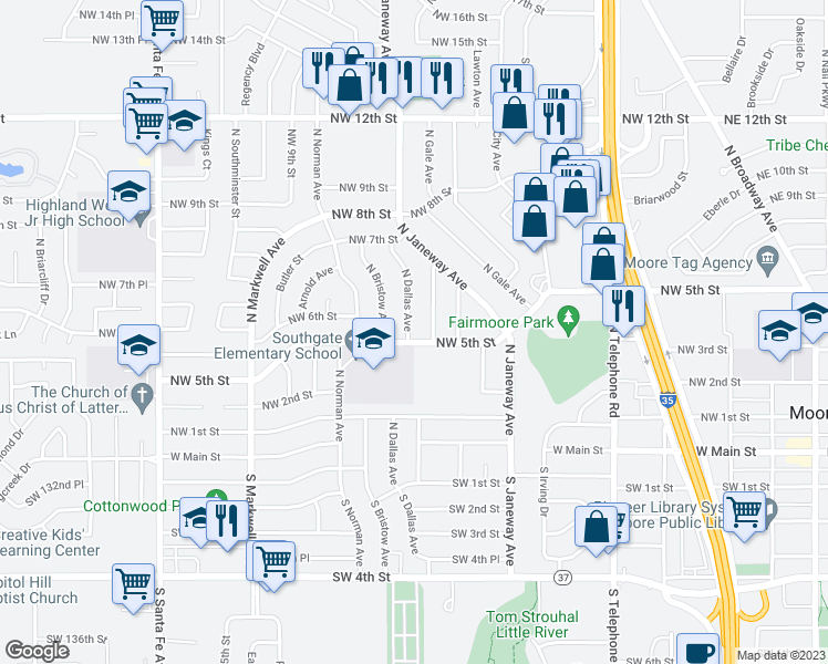 map of restaurants, bars, coffee shops, grocery stores, and more near 604 North Dallas Avenue in Moore