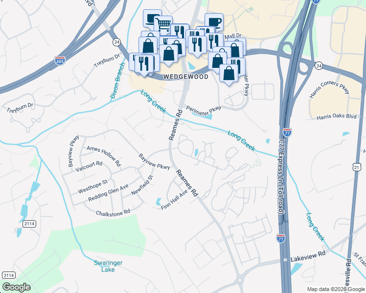 map of restaurants, bars, coffee shops, grocery stores, and more near 8700 Long Creek Club Drive in Charlotte