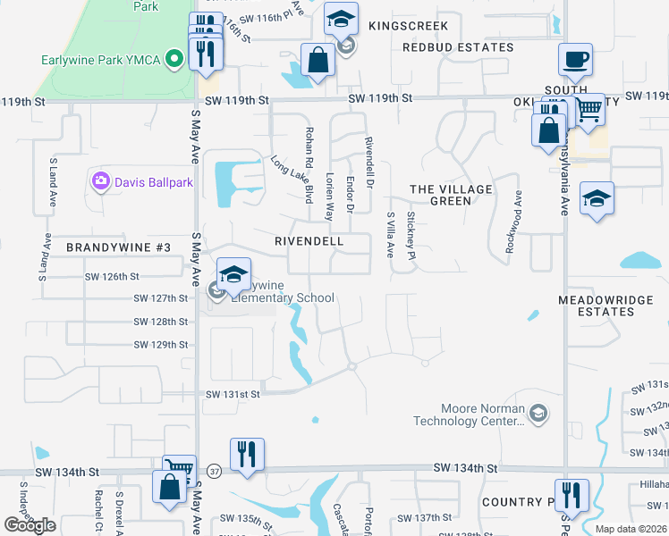 map of restaurants, bars, coffee shops, grocery stores, and more near 2520 Southwest 125th Street in Oklahoma City