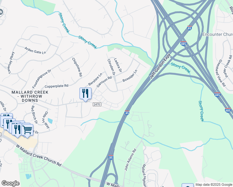 map of restaurants, bars, coffee shops, grocery stores, and more near 1121 Southern Sugar Drive in Charlotte