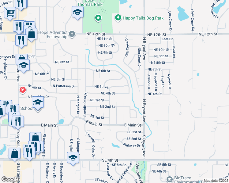 map of restaurants, bars, coffee shops, grocery stores, and more near 1600 Northeast 4th Street in Moore