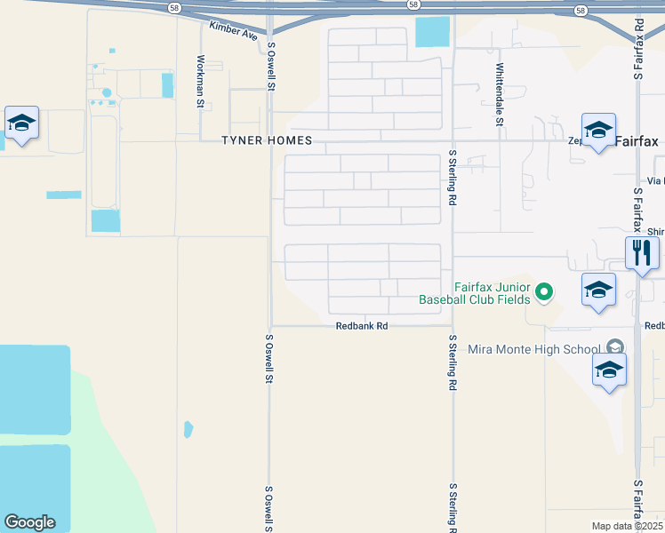 map of restaurants, bars, coffee shops, grocery stores, and more near 5203 Baja Drive in Bakersfield