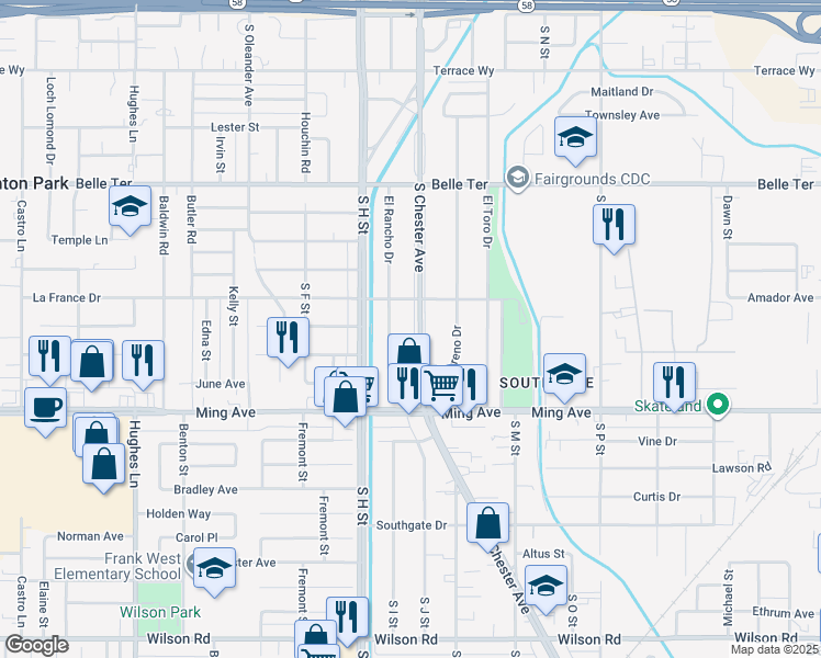 map of restaurants, bars, coffee shops, grocery stores, and more near South Chester Avenue in Bakersfield