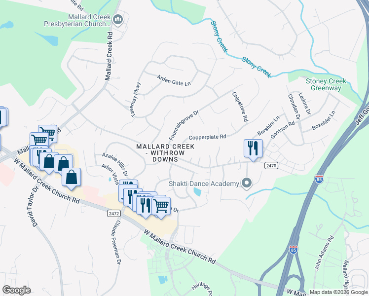 map of restaurants, bars, coffee shops, grocery stores, and more near 2100 Galloway Road in Charlotte