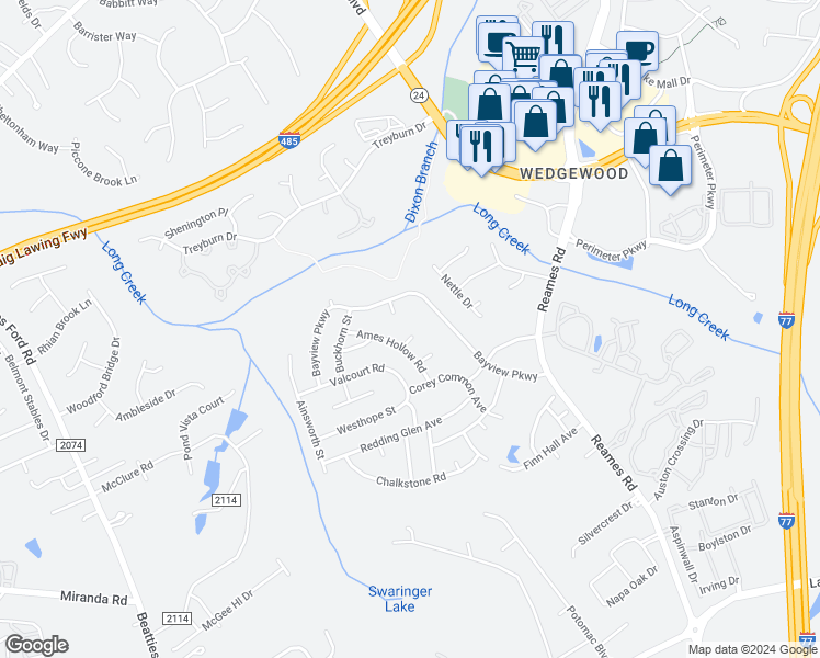 map of restaurants, bars, coffee shops, grocery stores, and more near 8917 Overlay Court in Charlotte