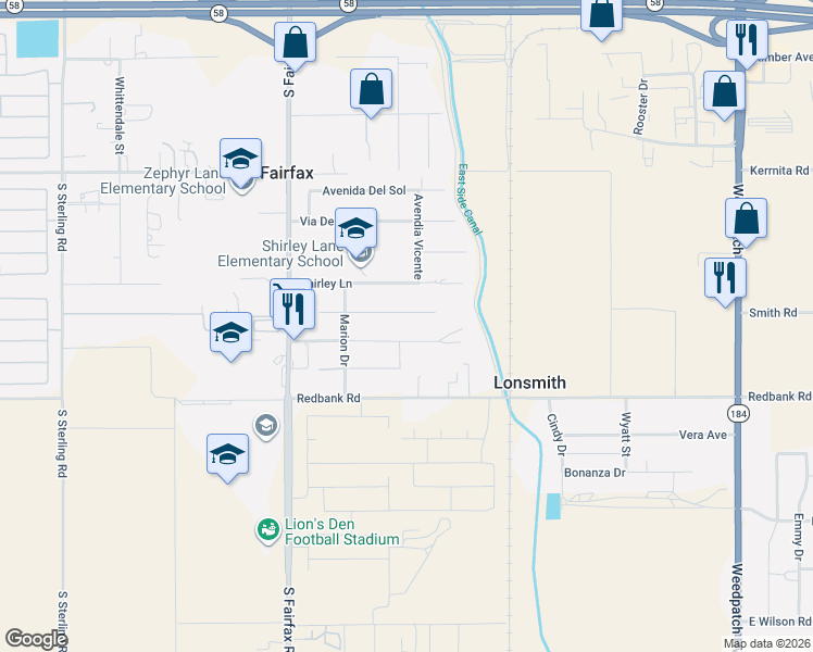 map of restaurants, bars, coffee shops, grocery stores, and more near 5001 Mayfair Court in Bakersfield