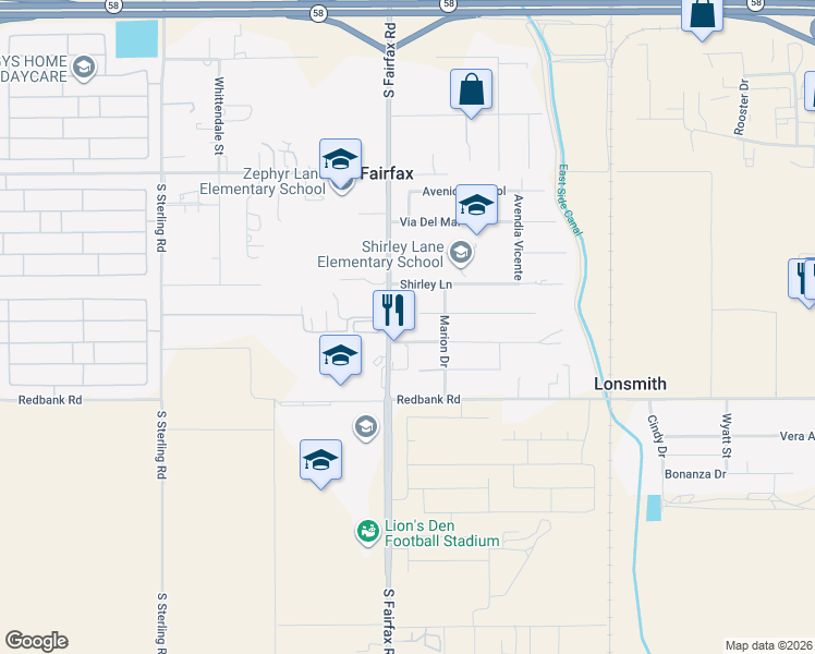 map of restaurants, bars, coffee shops, grocery stores, and more near 1505 South Fairfax Road in Bakersfield